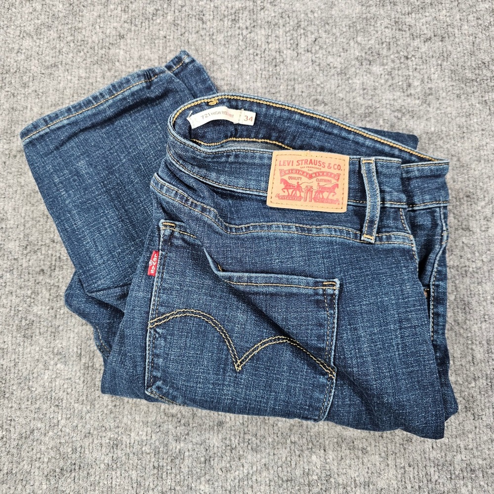 Levi's 721 High Rise Skinny Jeans Women 34x32 Blue Story Stretch Dark Wash Denim - Picture 1 of 13